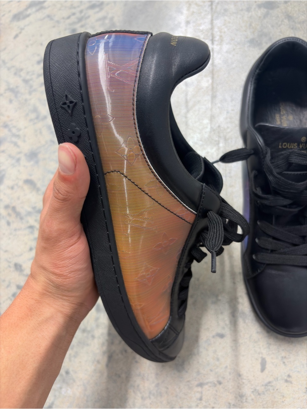 Louis Vuitton Black Leather Low-Top Sneakers with Iridescent Panels - Picture 7 of 8